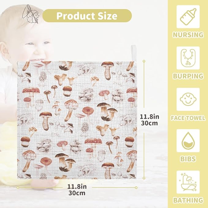 vvfelixl Baby Washcloths Cotton Different Mushrooms Baby Muslin Washcloths Soft Baby Face Towel for Newborn Infants Baby Wipes, 11.8 X 11.8 Inch, 5 Pack