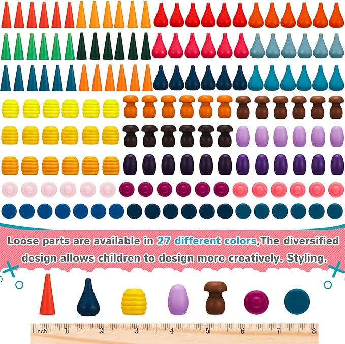 Chivao Loose Parts Play Materials Set Wooden Mandala Toys Kit Wood Sensory Play Toys 27 Rainbow Color 7 Shapes Loose Parts for Teens Students Early Learning Materials (81)