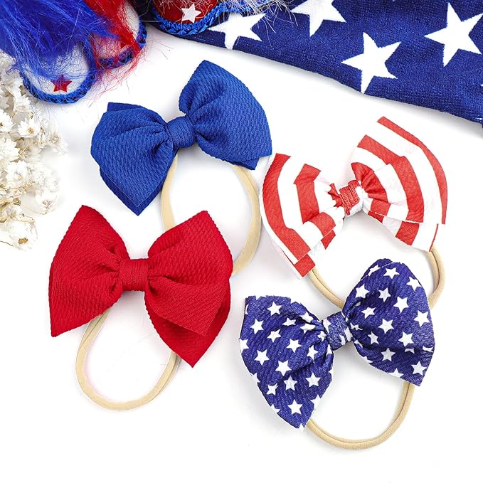 YanJie 4th of July Flag Baby Nylon Headbands Bows Red Blue White Star Spangled Hairbands Bows Hair Accessories for Newborns Toddlers Kids 4 Pcs