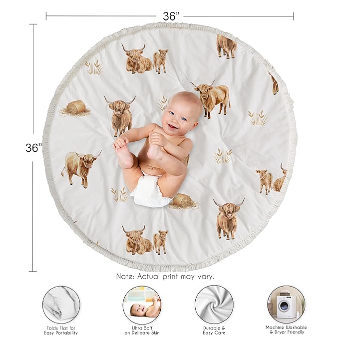 Sweet Jojo Designs Baby Play Mat (Boho Highland Cow) for Girls/Boys, Infant, Toddler Padded Floor Mat, Tummy Time Activity, Newborn Essentials Round Playmat for Babies (Farm Animal, Rustic Farmhouse)