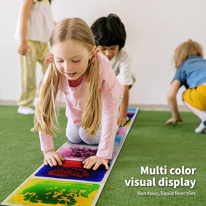 LONGKING 12" X 12" Sensory Tiles for Activity Play Centers for Children, Sensory Floor Tiles, Liquid Floor Tiles, Autism Sensory Poducts, Blue-Red-Black