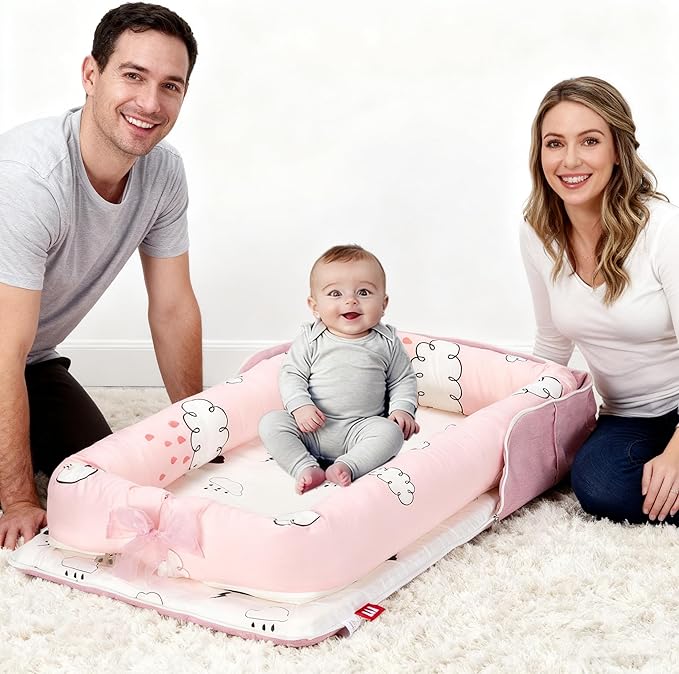 Baby Lounger for Newborn-Portable Baby Lounger 0-24 Months for Home and Travel,Newborn Loungers with Strap, Baby Nest Lounger Adjustable Size,Raindrop Clouds