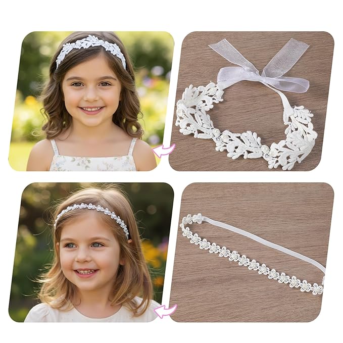 3 Pack White Flower Christening Headbands Elegant Flower Girl Headpiece for Baby Girl Elastic Nylon Soft Lace with Cute Tulle Pearl Hair Strap Baptism Halo Newborns Infants Toddlers 16-24in