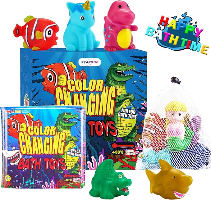 Color Changing No Hole Bath Toys for Toddlers Kids, Water Table Toys Rubber Animal with Bath Book for Bathtub Pool & Drying Bag(9 Packs)