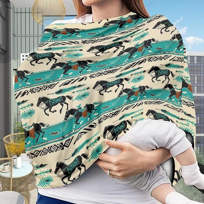 Youngerbaby Western Aztec Horse Nursing Cover for Newborns Breastfeeding Cover Scarf Baby Car Seat Covers Infant Stroller Cover Carseat Canopy for Girls and Boys Full Coverage