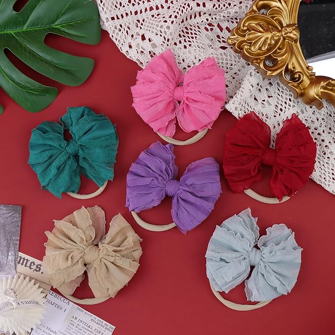 YanJie Girls Newborn Ruffled Lace Headbands - Soft Nylon Elastics, Handmade Hairbands and Accessories for Infants and Toddlers (Khaki, Wine Red, Rose, Blue, Purple)