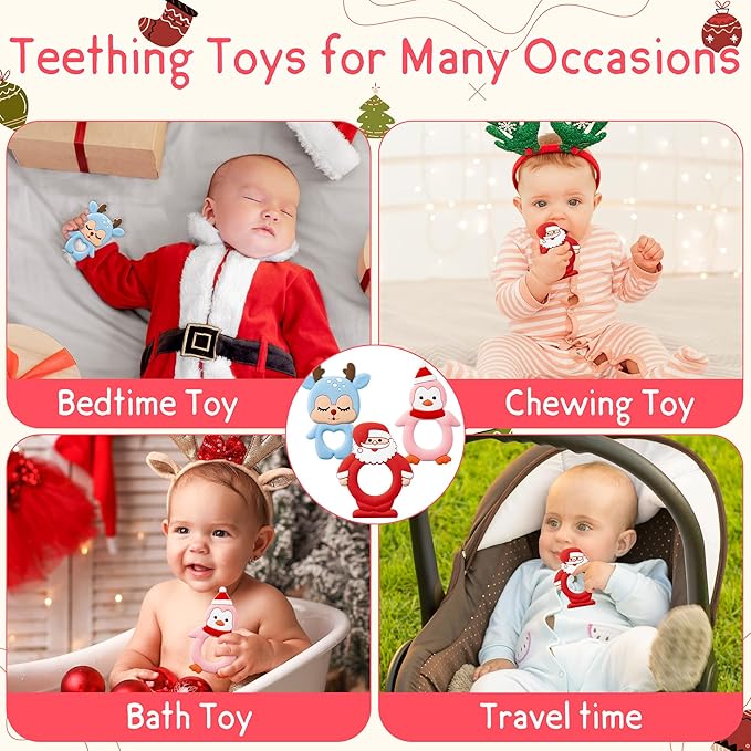 Christmas Silicone Teether for Babies - 2ooya 3Pcs Santa Penguin Deer Soothe Teething Chew Toy Infant Toddler Sore Gums Relief Teether Toy The First Christmas Gift Baby Shower for Newborn Boy Girl