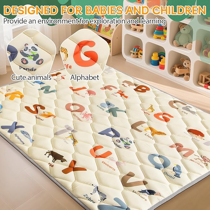 Foam Play Mat - 64x64 Inch Padded Play Mat for Baby - Toddler Play mats for Floor - Thicker Soft Cushioning Playmats - Foldable Washable Baby Playpen Mat, Animals Alphabet Design