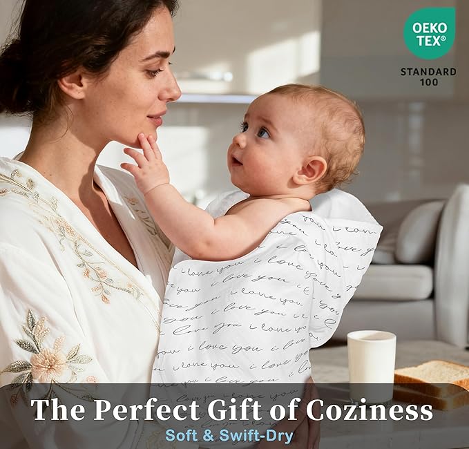 VOOVA & MOVAS 2Pack Neutral Baby Gifts - 100% Muslin Cotton Infant Hooded Beach Bath Towels,2 Layer, Thick, Durability, Absorbent Large for 0-18 Months, Golden Love & Grapheme Love Pattern