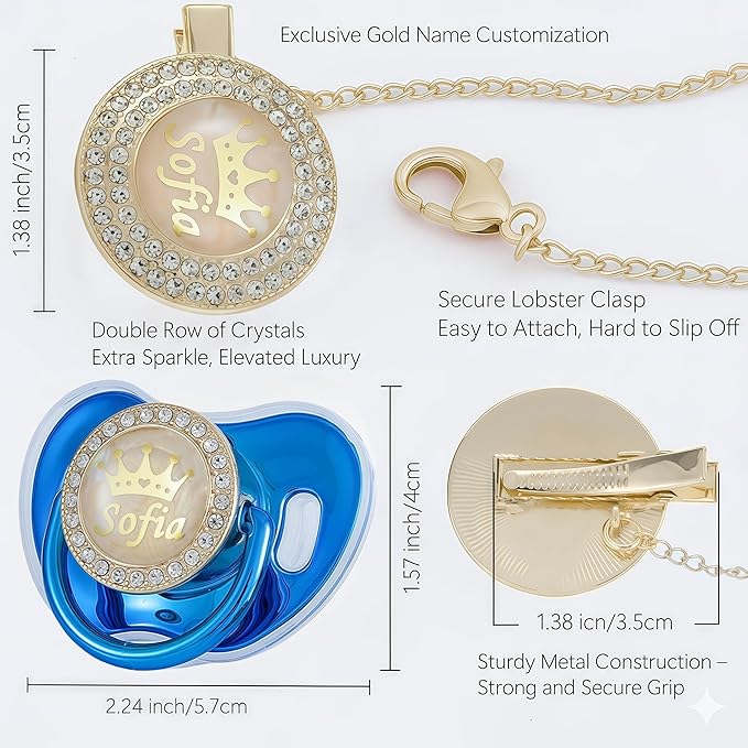 Personalized Bling Pacifier Box and Pacifier Set Unique Gift to New Bron Baby Baby Shower Gift (Metallic Blue)