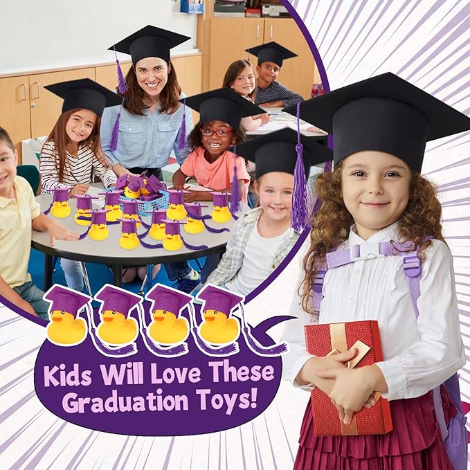 Jerify 48 Pcs Graduation Rubber Ducks with Grad Cap 2026 Diploma Grad Rubber Duck Graduation Party Bath Pool with Storage Bag for Student Gifts Party Favor(Purple)