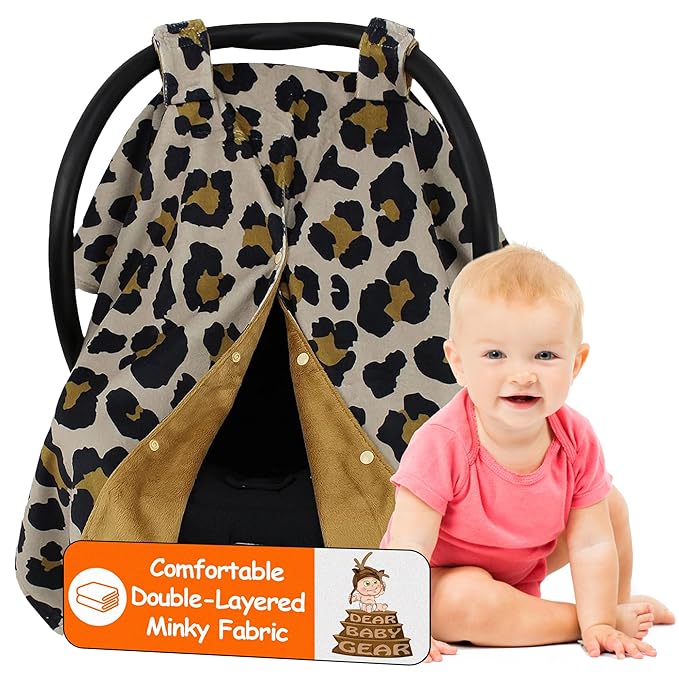 Dear Baby Gear Car Seat Cover for Boys & Girls - Baby Carseat Canopy w/Snap Opening - Infant Seat Cover - Stroller & Nursing Covers - Newborn Carrier Canopy - 40x30" (Gold Leopard Print, Smooth Gold)