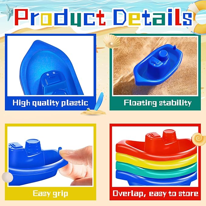 Woanger 60 Pcs Little Boat Bath Toys Stackable Floating Plastic Toys for Baby and Toddler Summer Pool and Bathtub Party, Vibrant, 4 Colors (Colorful)