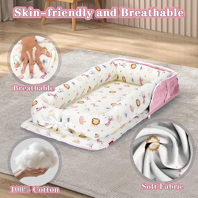 Baby Lounger for Newborn-Portable Baby Lounger 0-24 Months for Home and Travel,Newborn Loungers with Strap, Baby Nest Lounger Adjustable Size,Animal World Pink