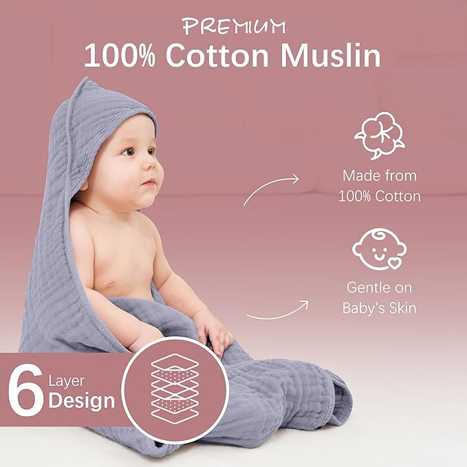 MOON PARK 2 Pack Muslin Hooded Baby Bath Towels for Newborns, Infants, Toddlers - 100% Cotton - Large 32x32Inch Size - Highly Absorbent and Essential, Green and Grey
