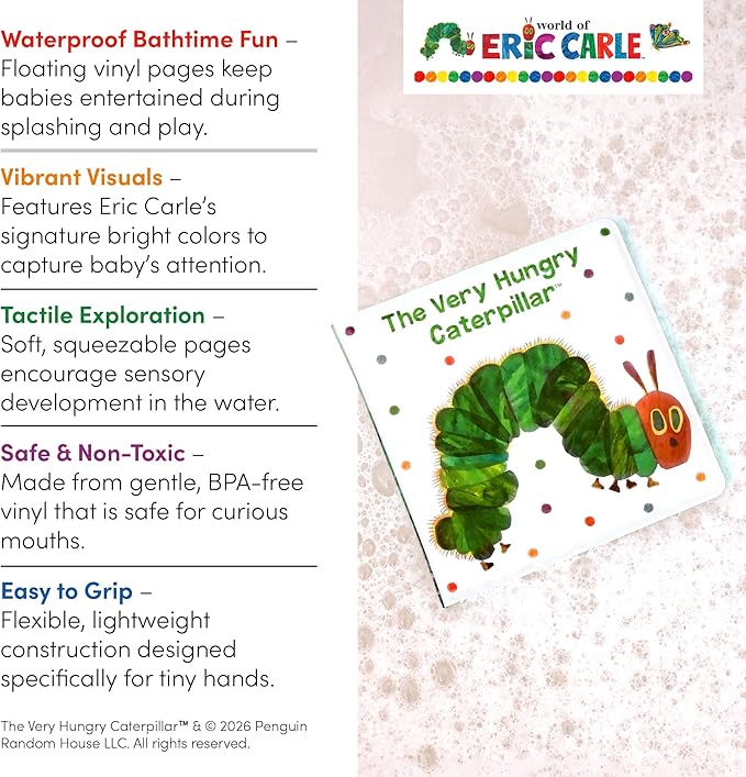 Kids Preferred World of Eric Carle The Very Hungry Caterpillar 6 Inch Vinyl Bath Book Bath Tub Toy Perfect for Water Play and Learning for Ages 18 Months and Up