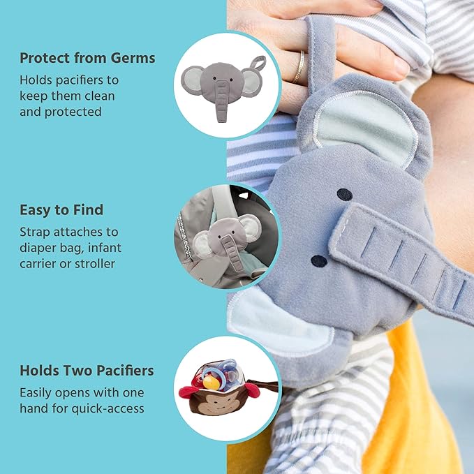 J.L. Childress Pacifier Pal - Pacifier Holder Case and Toy - Plush Binky Holder Toy - Developmental Toy Helps Calm Baby - Opens with One Hand - Fits 2-3 Pacifiers - Elephant