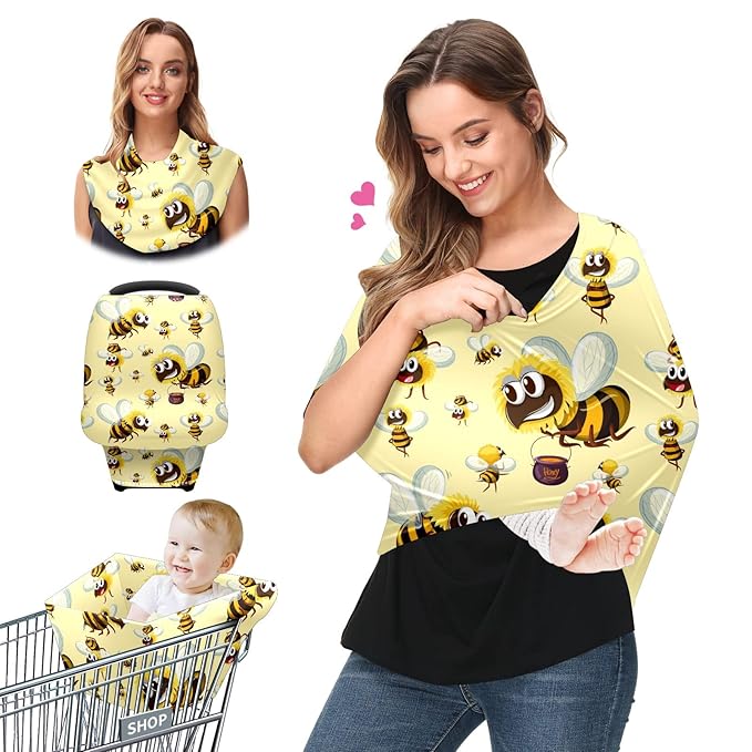 Baby Car Seat Stroller Covers Cartoon Bumble Bee Nursing Cover Breastfeeding Scarf Soft Breathable Stretchy Infant Car Canopy Coverage Carseat Cover for Boys and Girls Multi Use