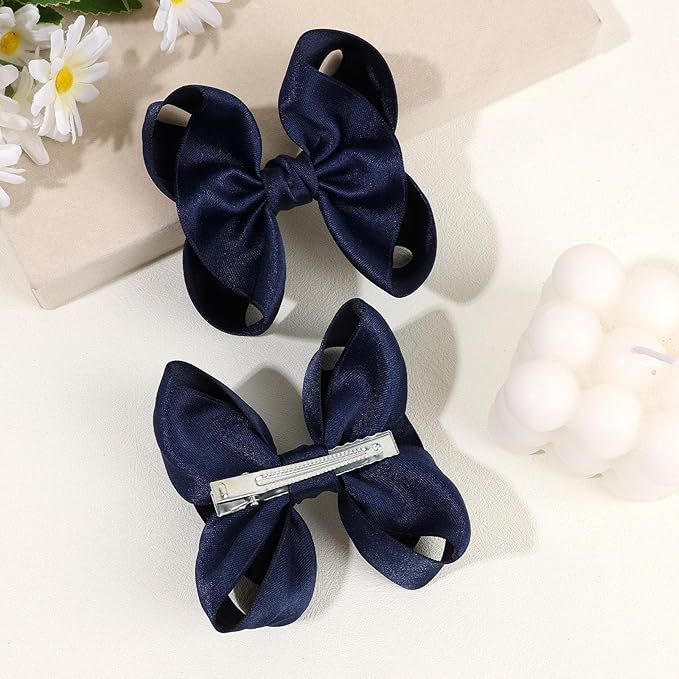 OAOLEER 2PCS 3.5inch Hair Bows for Girls，Navy Stain Ribbon Hair Bows Alligator Clips Hair Accessories for Back To School Teen Toddler Girls Kids (Navy)