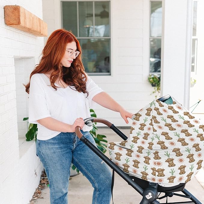 HawSkgFub Boho Highland Cow Cactus Sun 5-in-1 Car Seat Cover for Baby Girl Gift, Brown Bohemia Western Privacy Breastfeeding Nursing Cover, Newborn Infant Multi-use Carseat Canopy Carrier