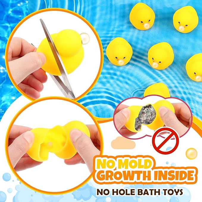 DEEKIN 24 Pcs Yellow Rubber Ducks 2.2 Inch Blow Bubbles Duck Bath Toy with Sealed Plug No Hole Waterproof Relieve Stress Fidget Bathtub Toys for Pool Summer Beach Birthday Party Decoration Game Gift