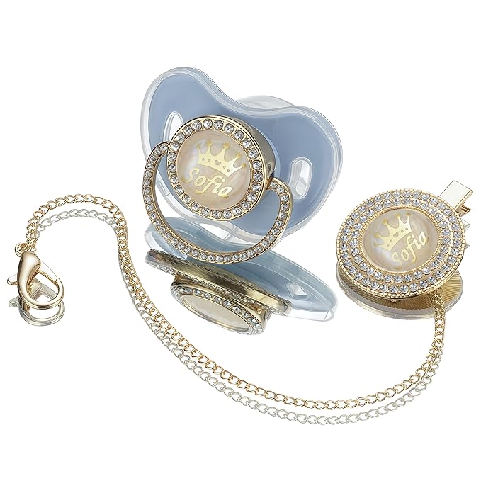 Sparkling Bling Custom Baby Pacifiers and Clips/Holder Kit with Name Personalized with Rhinestones for Boy and Girl Baby Shower(Light Blue)