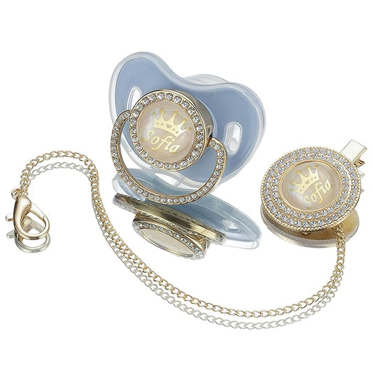 Sparkling Bling Custom Baby Pacifiers and Clips/Holder Kit with Name Personalized with Rhinestones for Boy and Girl Baby Shower(Light Blue)
