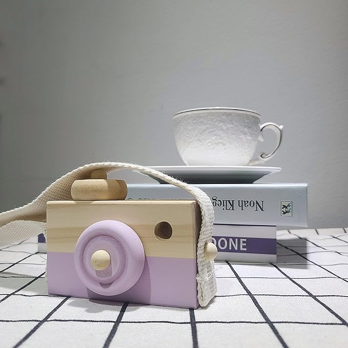 Baby Wooden Mini Camera Toy, Kid Cute Mini Sharpe Toy Neck Hanging Photographed Props for Toddlers Children Kids' Room Hanging Decor Gift (Purple)