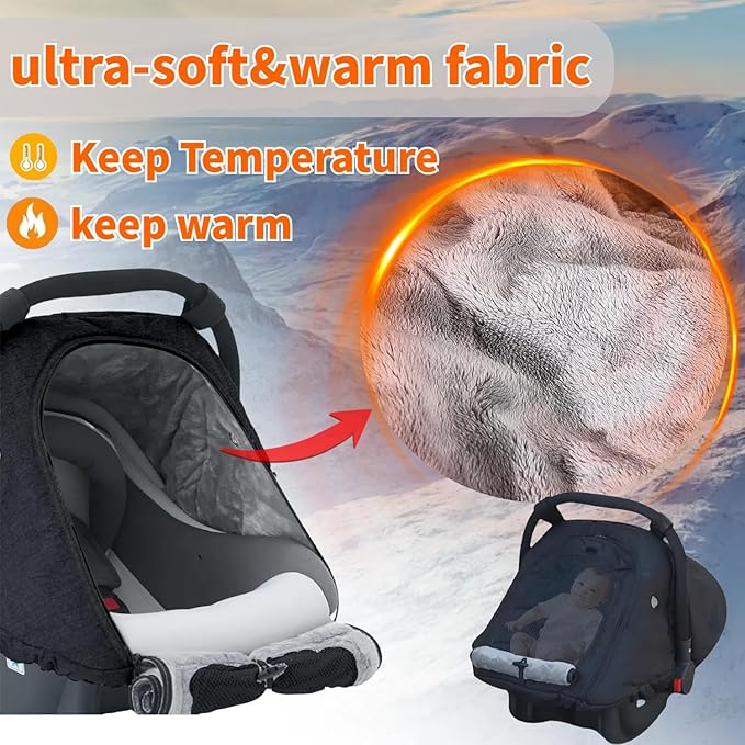 Baby Car Seat Cover Winter, Warm Cozy Carseat Cover for Babies with Mesh Window Breathable, Full Protection Infant Car Seat Covers for Boys Girls, Windproof Newborn Car Seat Canopy, Black