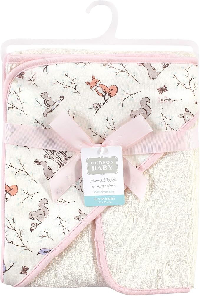 Hudson Baby Unisex Baby Cotton Hooded Towel and Washcloth, Enchanted Forest, One Size
