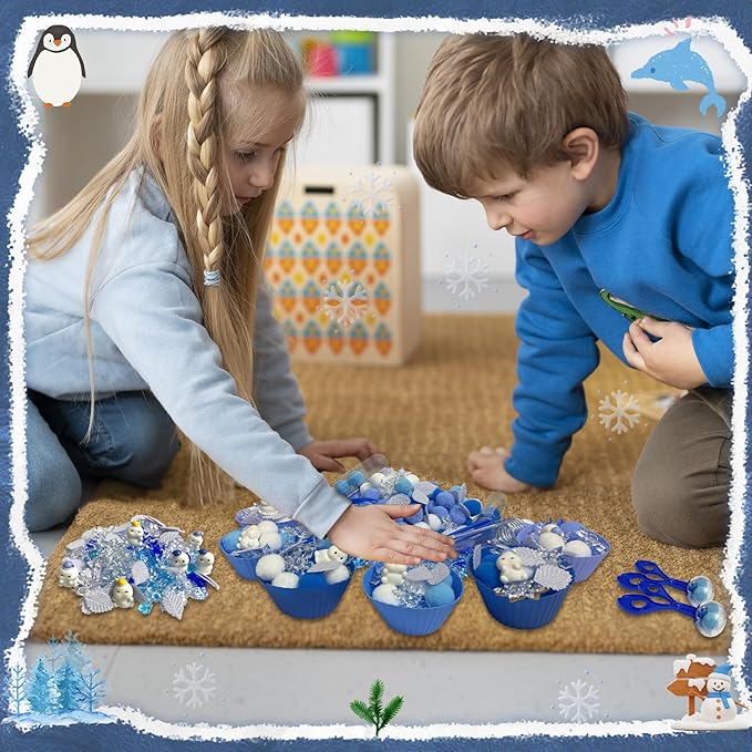 244pcs Winter Sensory Bin Filler Fine Motor Toys 2 Ways Counting Sorting with Sorting Bowls & Tubes Winter Sensory Bin Items 100 Pom Poms 45 Snowflakes 48 Ice Cubes 30 Leaves 6 Snowman