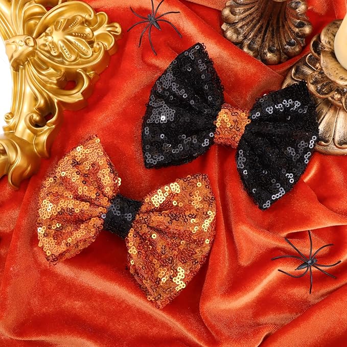 Halloween Hair Bows Clips for Girls Sequins Large Bows Alligator Hair Clip for Bows Hair Accessories Bows with Clip for Women Kids Toddlers Teens Orange