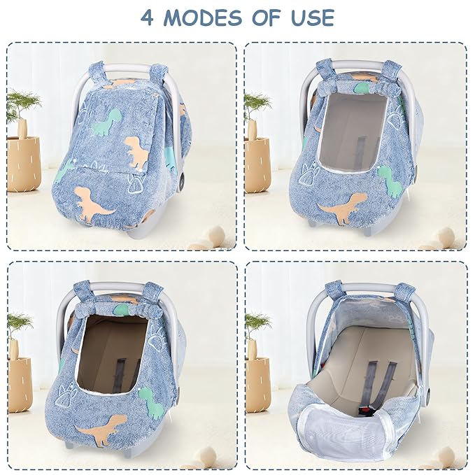Car Seat Cover Baby Boys Girls, Soft Flannel Infant Carseat Cover with 2 Zipper Windows, Dinosaur Carrier Cover Canopy Glow in The Dark, Comfortable & Machine Washable, Blue
