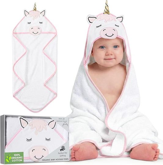 Mother's Choice 100% Organic Cotton Hooded Baby Towels - Large Size, Ultra-Soft & Absorbent Baby Towels with Hood for Newborns, Infants, Toddlers, Boys & Girls with Animal Hood (Unicorn)