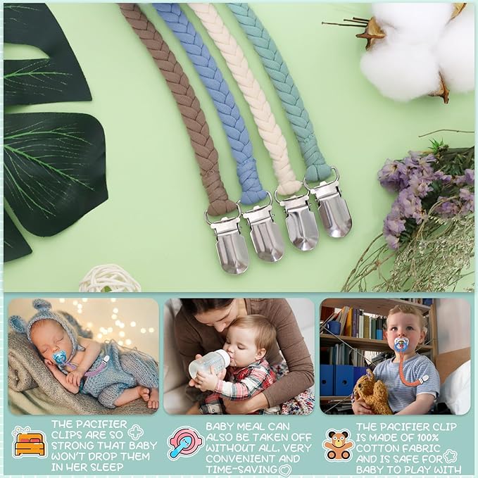 4 Pcs Pacifier Clip, Pacifier Clips for Boys & Baby Girls Pacifier Holder Clip Binky Clips Braided 100% Handmade Fits All Pacifiers(Blue, 4 Pack)