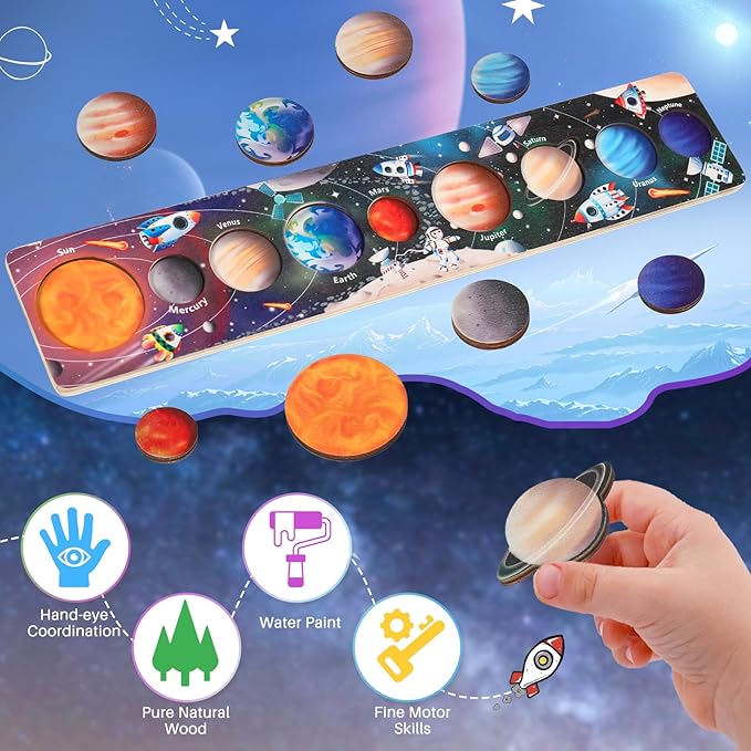 Zeoddler Solar System Toys for Kids 3-6, Wooden Space Puzzle, Planets for Kids, Preschool Learning Activities, Gift for Boys, Girls