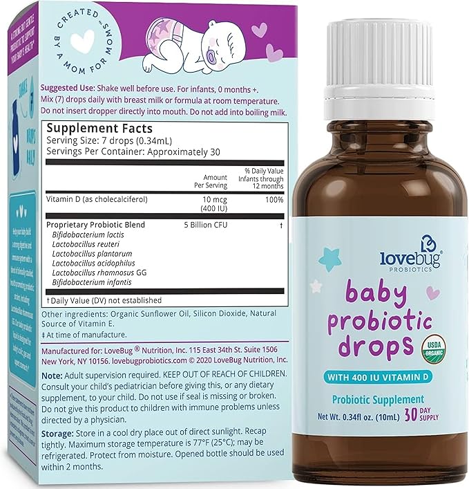 LOVEBUG Award Winning USDA Organic Probiotic for Infants & Babies 0-12 Months | Helps w/Colic, Reflux, Diarrhea, Constipation & Gas | Multi-Strain 5 Billion CFU | Liquid Drops (60 Days Supply) - 20ml