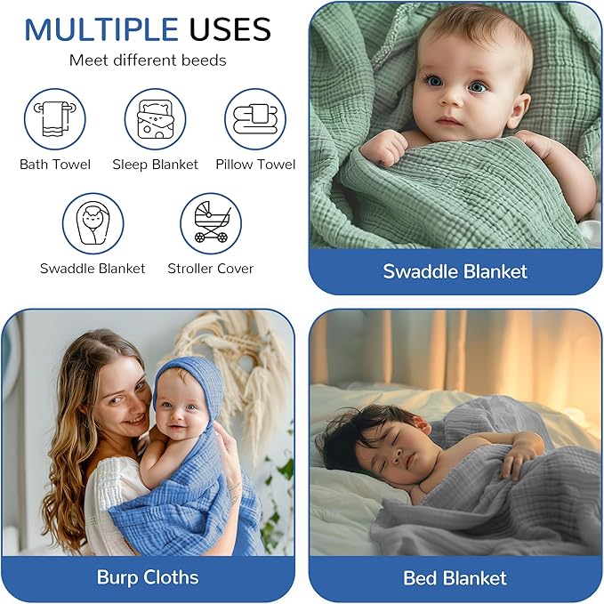 Momsnug 3-Pack Muslin Hooded Baby Towels, 100% Cotton, Ultra-Soft & Absorbent Baby Bath Towels with Hood for Babies, Infant, Toddler and Newbron(Green + Grey + Dark Blue，35" X 35'')