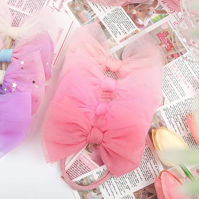 16 Pcs 4.5’’ Organza Lace Bow for Baby Girls Headbands Mesh Glitter Hair Bows Baby Shower Gifts for Newborn Infant Toddler Girl