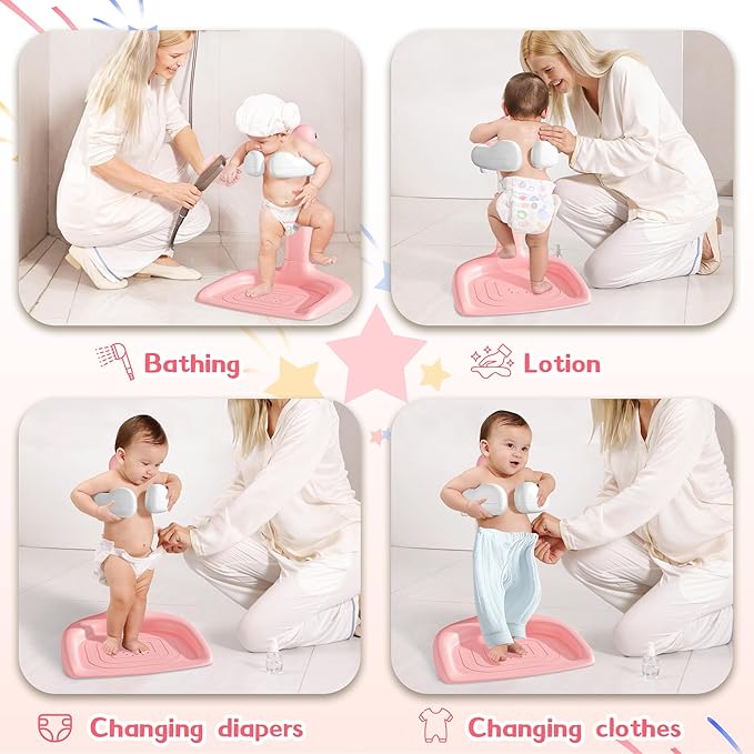 JUNEU Baby Shower Stand, Adjustable Height Baby Bath Stand with Enlarged Anti-Slip Base, Toddler Shower Standing Support, Soporte para Bañera de Bebe, Ideal Gift for Infant 6–36 Months (Pink Duck)