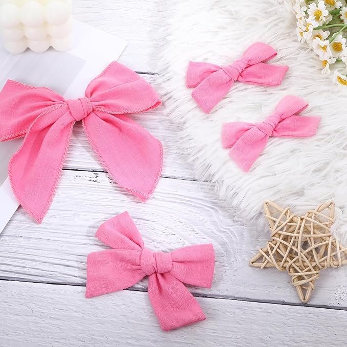 4 Pcs Pink Cotton Linen Hair Bows, Girls Bows for Hair, Toddler Hair Bows, Alligator Clips Knot Hair Bows for Girls, Light Pink, 3 Styles & 3 Sizes