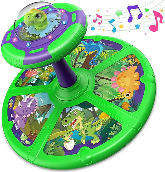 Flooyes Dinosaur Sit and Spin Toys for Toddlers Boys 1 2 3 Years Old, Birthday Gift for Boys Age 2-4 with LED Lights and Music, 360° Spin