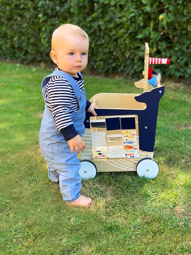 Wooden Whale Baby Walker by Small Foot – Classic 5-in-1 Activity Center - Interactive Toy with Shape Sorter, Puzzle Maze, Compass, Chalkboard - Develops Kids Coordination, Motor Skills –Age 12+ months