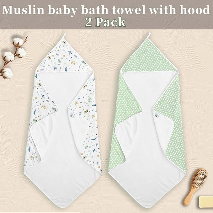 VOOVA & MOVAS 2Pack Baby Hooded Bath Towels - 100% Muslin Cotton,450GSM, 32x32 Inches,0-24Months, Super Absorbent Large Towel with Hood for Newborn,Toddler,Infant, Triangle & Dino Patten