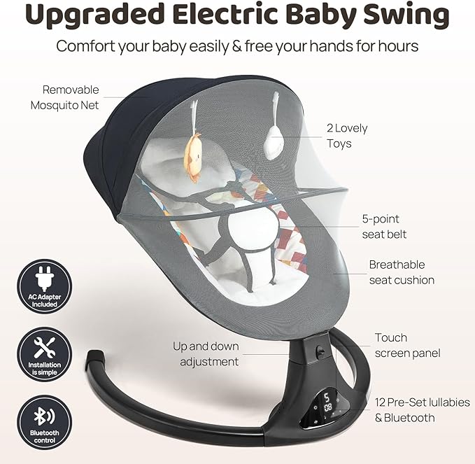 Baby Swing for Infants, Modern Infant Swings with Bluetooth & Remote Control, 5 Speed Motions, 12 Soothing Sounds, Portable for Newborns (Max 20 lbs Black)