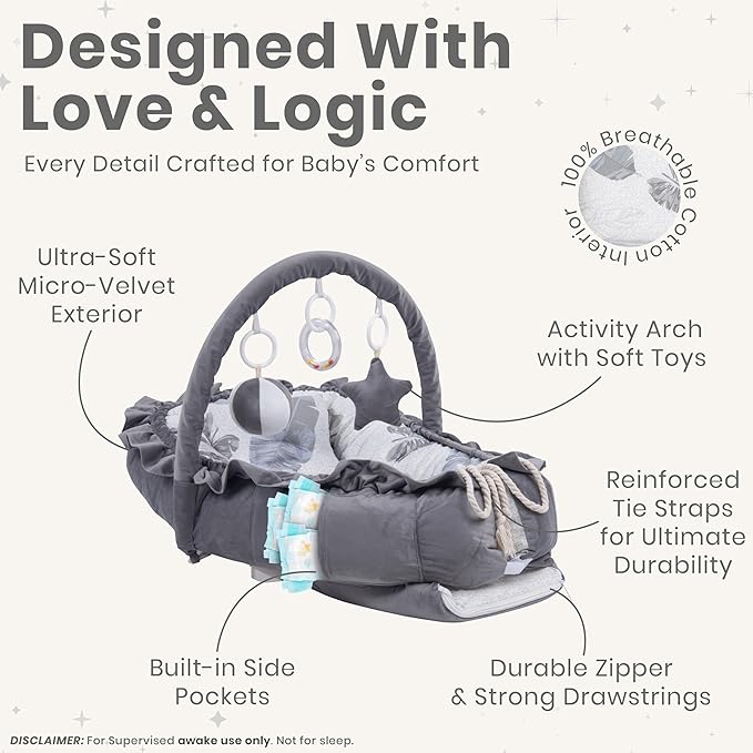 Newborn Lounger Leaf Gray - Flexible & Portable w/Infant Support Cushion, Soft & Breathable 100% Cotton - Multi-Use Supervised Baby Lounger for Floor, Travel, Changing Mat Alternative - Premium