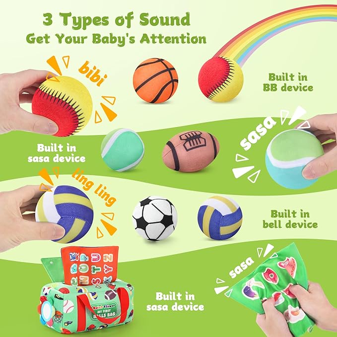 My First Sports Bag 6-12 Months Baby Tissue Box Toy, 17pcs Montessori Sensory Set: Plush Ball, Crinkle Paper, Scarves & Mirror, Squeaky Fine Motor 1 Year Old Infant Toddler Gifts Easter Basket Stuffer