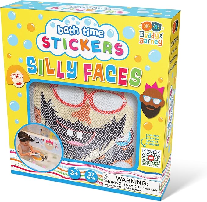 Buddy & Barney: Silly Faces Bath Time Stickers - 36 Reusable Foam Stickers & Mesh Storage Bag, Mix & Match, Fun Tub & Water Toy, Toddlers & Kids Age 3+
