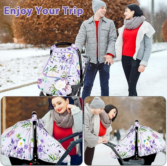 Infant Car Seat Insert & Car Seat Covers for Babies, Purple Baby Car Seat Head Support, Warm Infant Car Seat Cover, Windproof, Floral