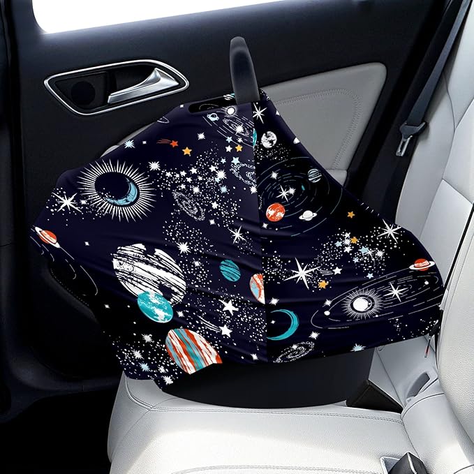 Baby Car Seat Stroller Covers Cartoon Planet Nursing Cover Breastfeeding Scarf Soft Breathable Stretchy Infant Car Canopy Coverage Carseat Cover for Boys and Girls Multi Use
